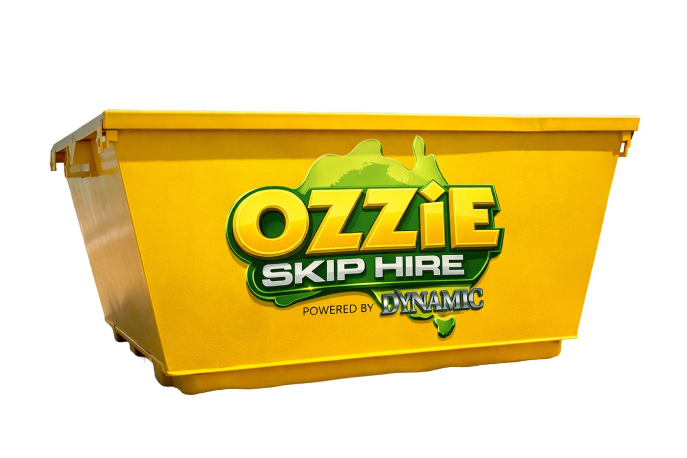 Yellow Ozzie Skip Hire bin on site near the beach