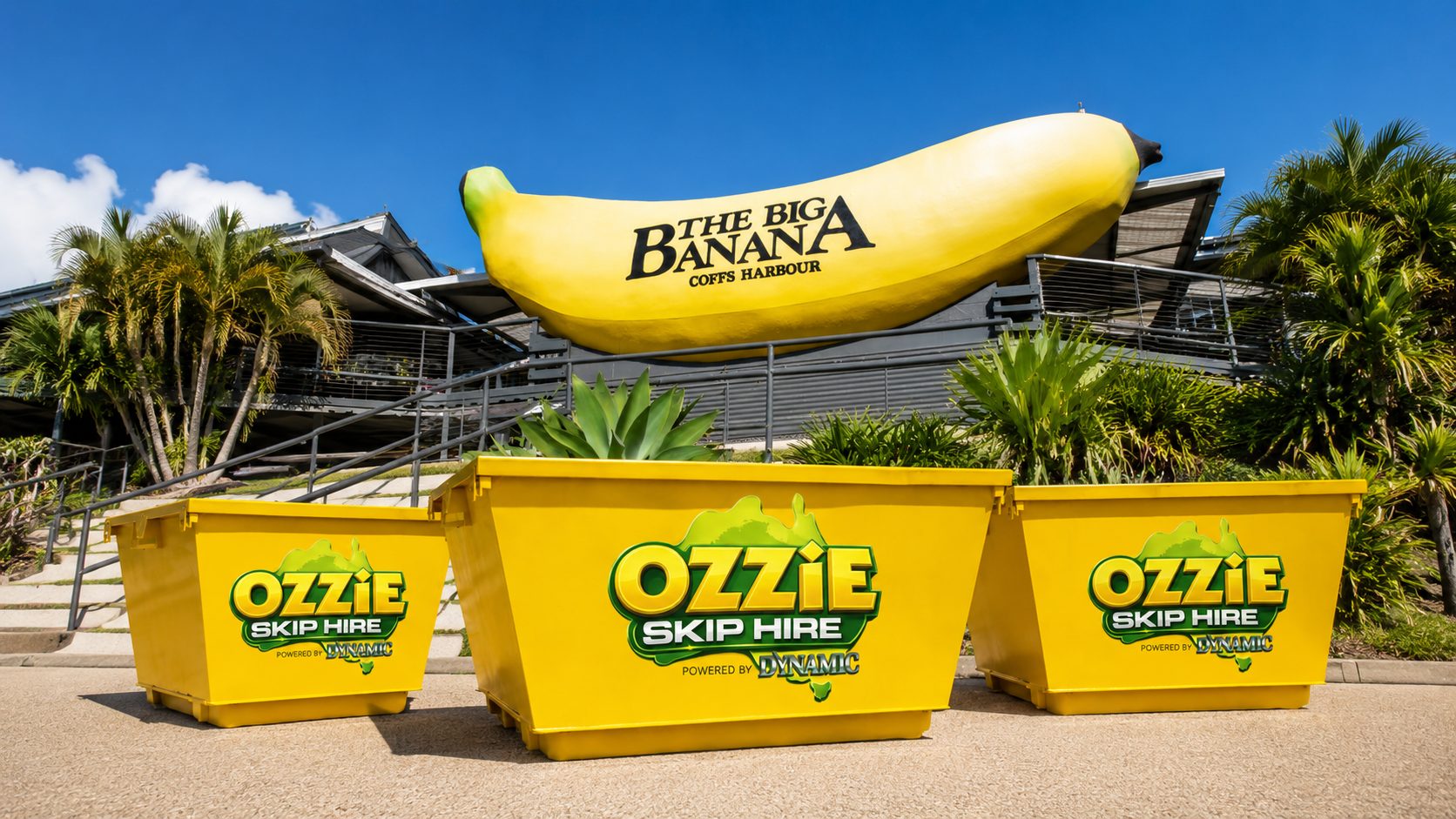 Three yellow Ozzie Skip Hire bins lined up in front of the Big Banana at Coffs Harbour